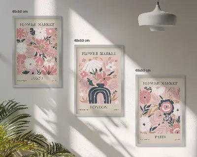 Set de 3 cuadros decorativos para salón con motivos florales de Tokio, Londres y París