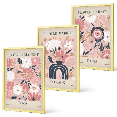 Set de 3 cuadros decorativos para salón con motivos florales de Tokio, Londres y París