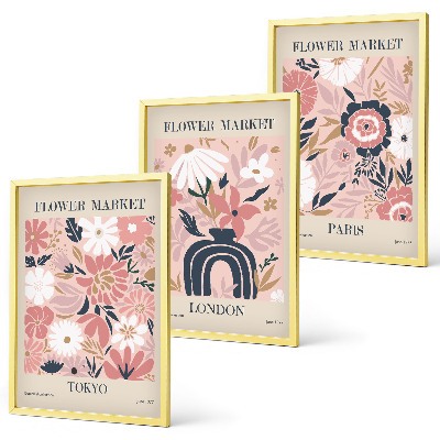 Set de 3 cuadros para salón Motivos florales Tokio Londres París