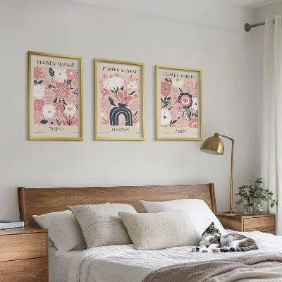 Set de 3 cuadros decorativos para salón con motivos florales de Tokio, Londres y París