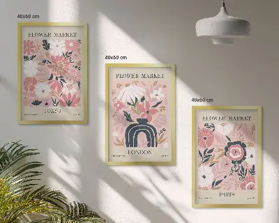 Set de 3 cuadros decorativos para salón con motivos florales de Tokio, Londres y París