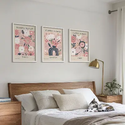 Set de 3 cuadros decorativos para salón con motivos florales de Tokio, Londres y París