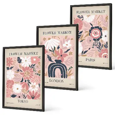 Set de 3 cuadros decorativos para salón con motivos florales de Tokio, Londres y París