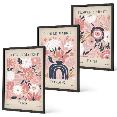 Set de 3 cuadros para salón Motivos florales Tokio Londres París