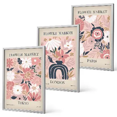 Set de 3 cuadros decorativos para salón con motivos florales de Tokio, Londres y París