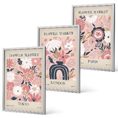 Set de 3 cuadros para salón Motivos florales Tokio Londres París