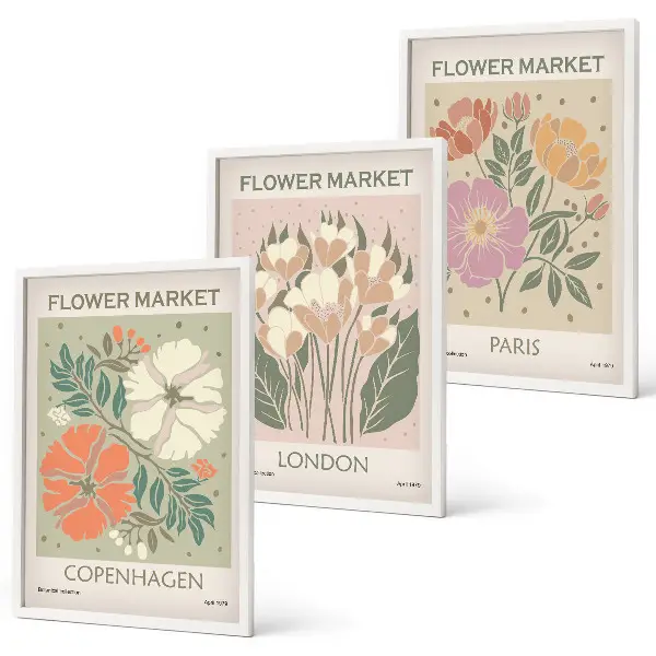 Juego de 3 cuadros con carteles florales de Copenhague, Londres y París
