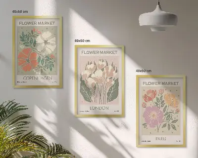 Juego de 3 cuadros con carteles florales de Copenhague, Londres y París