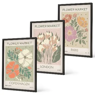 Juego de 3 cuadros con carteles florales de Copenhague, Londres y París