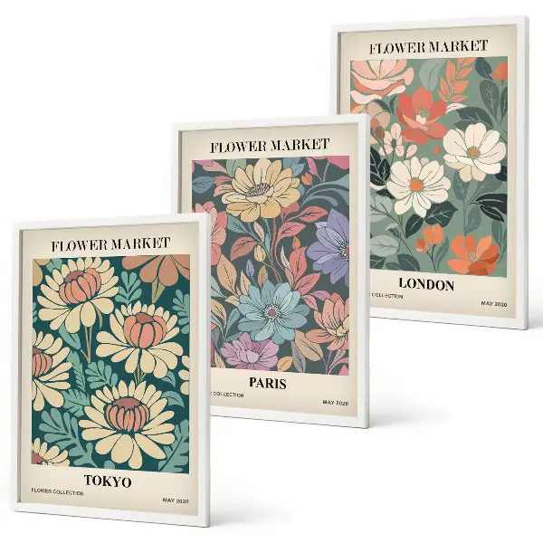 Set de 3 cuadros decorativos diseño de carteles florales de Tokio, París y Londres