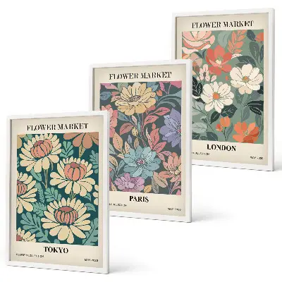 Set de 3 cuadros decorativos diseño de carteles florales de Tokio, París y Londres