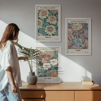 Set de 3 cuadros decorativos diseño de carteles florales de Tokio, París y Londres