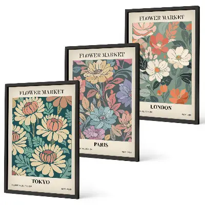 Set de 3 cuadros decorativos diseño de carteles florales de Tokio, París y Londres
