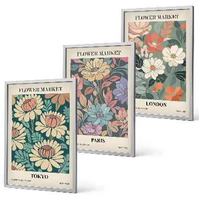 Set de 3 cuadros decorativos diseño de carteles florales de Tokio, París y Londres