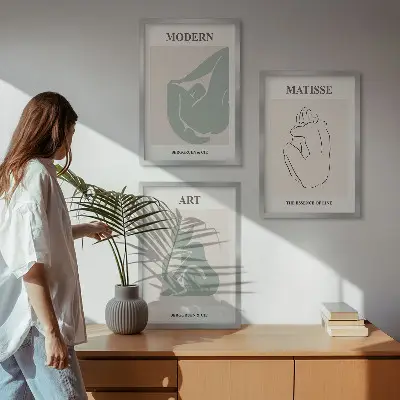 Set de 3 cuadros para salón con figuras abstractas en tonos pastel