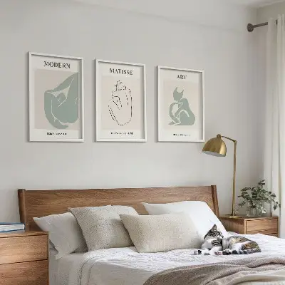 Set de 3 cuadros para salón con figuras abstractas en tonos pastel