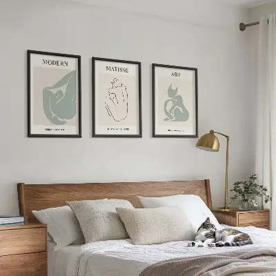 Set de 3 cuadros para salón con figuras abstractas en tonos pastel