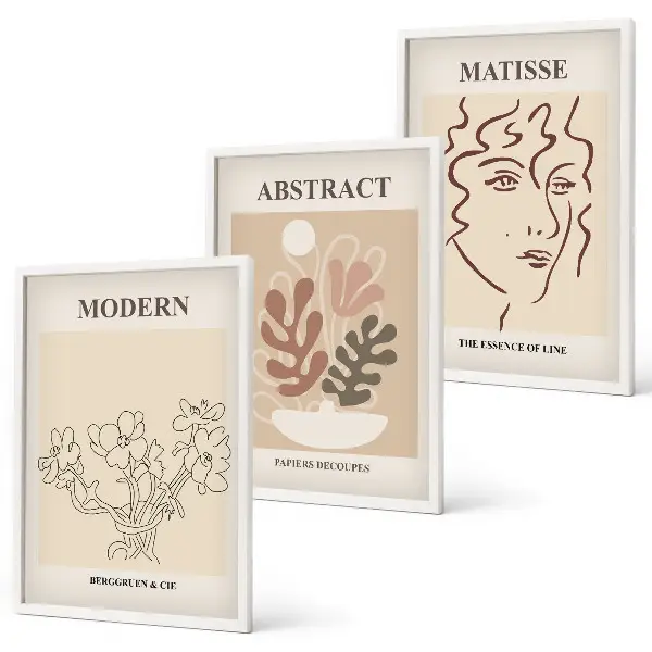 Set de 3 cuadros para salón con diseño moderno de líneas de plantas