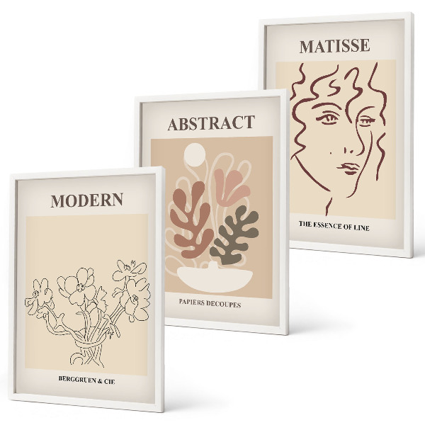 Set de 3 cuadros para salón Líneas de plantas modernas