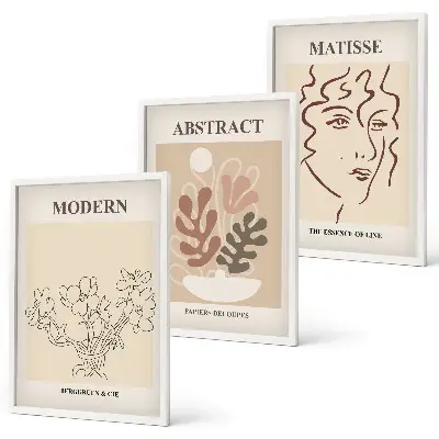 Set de 3 cuadros para salón con diseño moderno de líneas de plantas