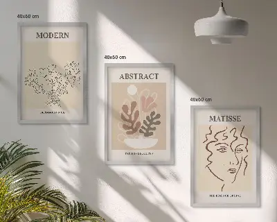 Set de 3 cuadros para salón con diseño moderno de líneas de plantas