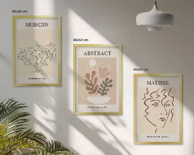 Set de 3 cuadros para salón con diseño moderno de líneas de plantas