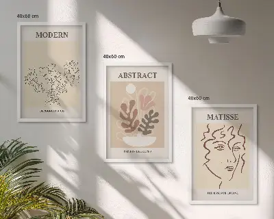 Set de 3 cuadros para salón con diseño moderno de líneas de plantas