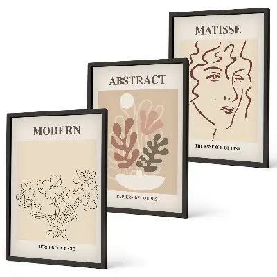 Set de 3 cuadros para salón con diseño moderno de líneas de plantas