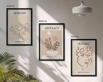 Set de 3 cuadros para salón con diseño moderno de líneas de plantas