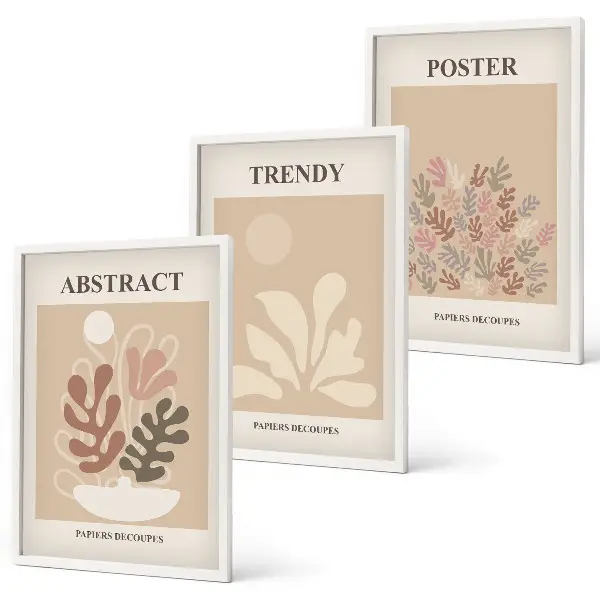 Set de 3 cuadros para salón con motivos vegetales en tonos beige y marrón