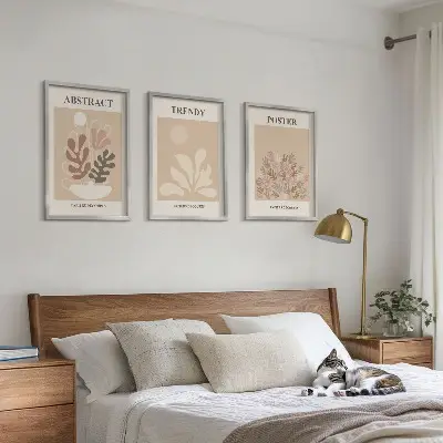 Set de 3 cuadros para salón con motivos vegetales en tonos beige y marrón