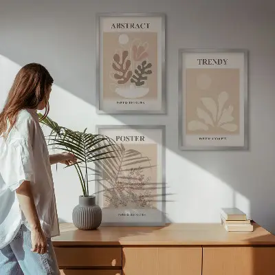 Set de 3 cuadros para salón con motivos vegetales en tonos beige y marrón