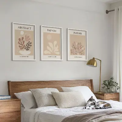 Set de 3 cuadros para salón con motivos vegetales en tonos beige y marrón