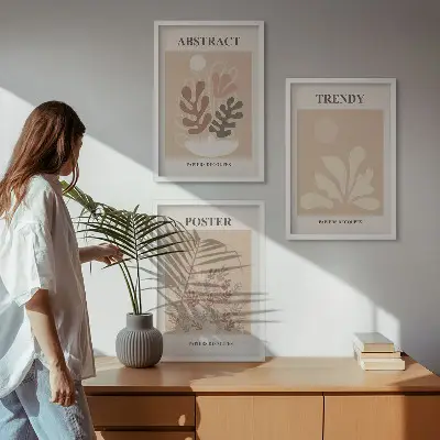 Set de 3 cuadros para salón con motivos vegetales en tonos beige y marrón