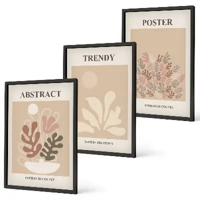 Set de 3 cuadros para salón con motivos vegetales en tonos beige y marrón