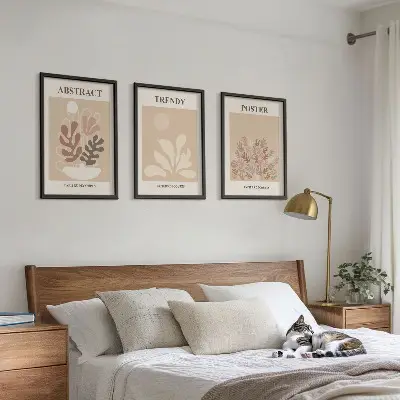 Set de 3 cuadros para salón con motivos vegetales en tonos beige y marrón