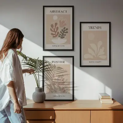 Set de 3 cuadros para salón con motivos vegetales en tonos beige y marrón