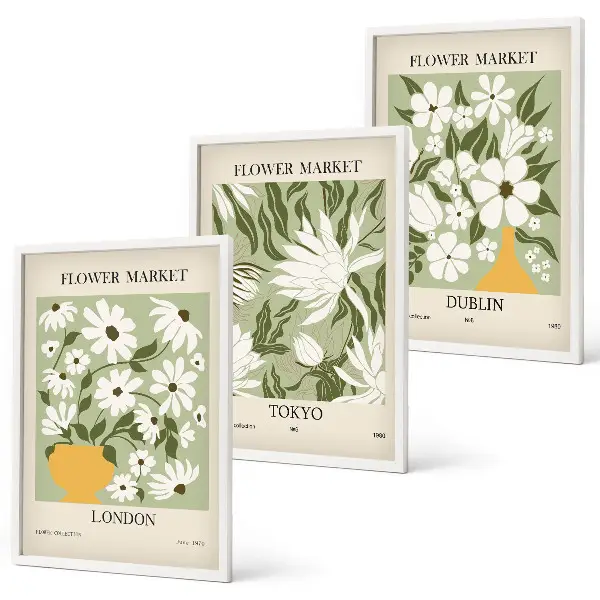 Juego de 3 cuadros con estampados florales de Londres, Tokio y Dublín