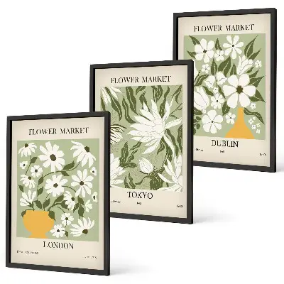 Juego de 3 cuadros con estampados florales de Londres, Tokio y Dublín