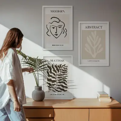 Juego de 3 cuadros de arte Matisse con diseño de rostros y hojas