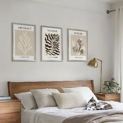 Set de 3 cuadros para salón con patrones de plantas en tonos marrón beige