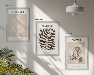 Set de 3 cuadros para salón con patrones de plantas en tonos marrón beige