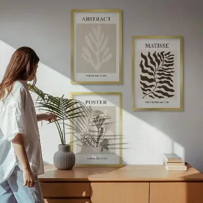 Set de 3 cuadros para salón con patrones de plantas en tonos marrón beige