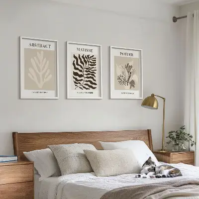 Set de 3 cuadros para salón con patrones de plantas en tonos marrón beige