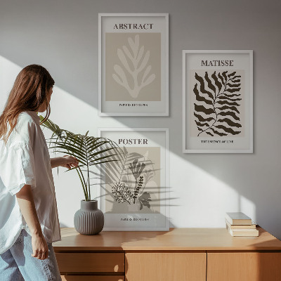 Set de 3 cuadros para salón patrones de plantas de color marrón beige