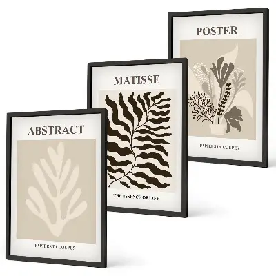 Set de 3 cuadros para salón con patrones de plantas en tonos marrón beige