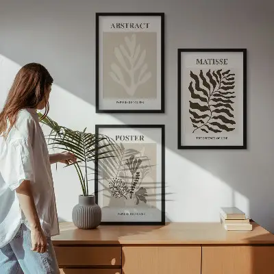 Set de 3 cuadros para salón con patrones de plantas en tonos marrón beige