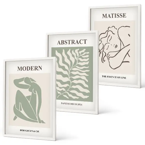 Set de 3 cuadros decorativos diseño elegante en tonos verdes con personajes