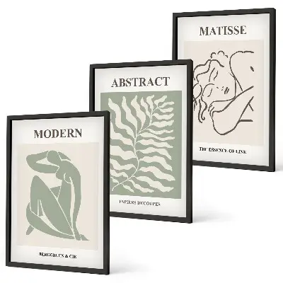Set de 3 cuadros decorativos diseño elegante en tonos verdes con personajes