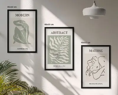 Set de 3 cuadros decorativos diseño elegante en tonos verdes con personajes